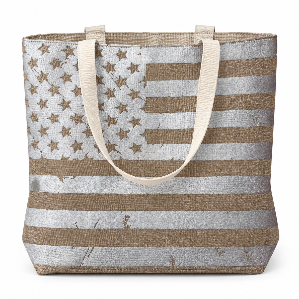 Silver American Flag Burlap Tote