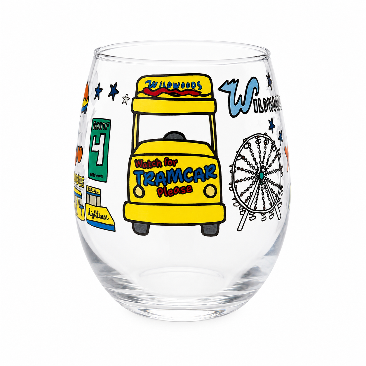 Wildwood Tramcar Collage Stemless Wine Glass